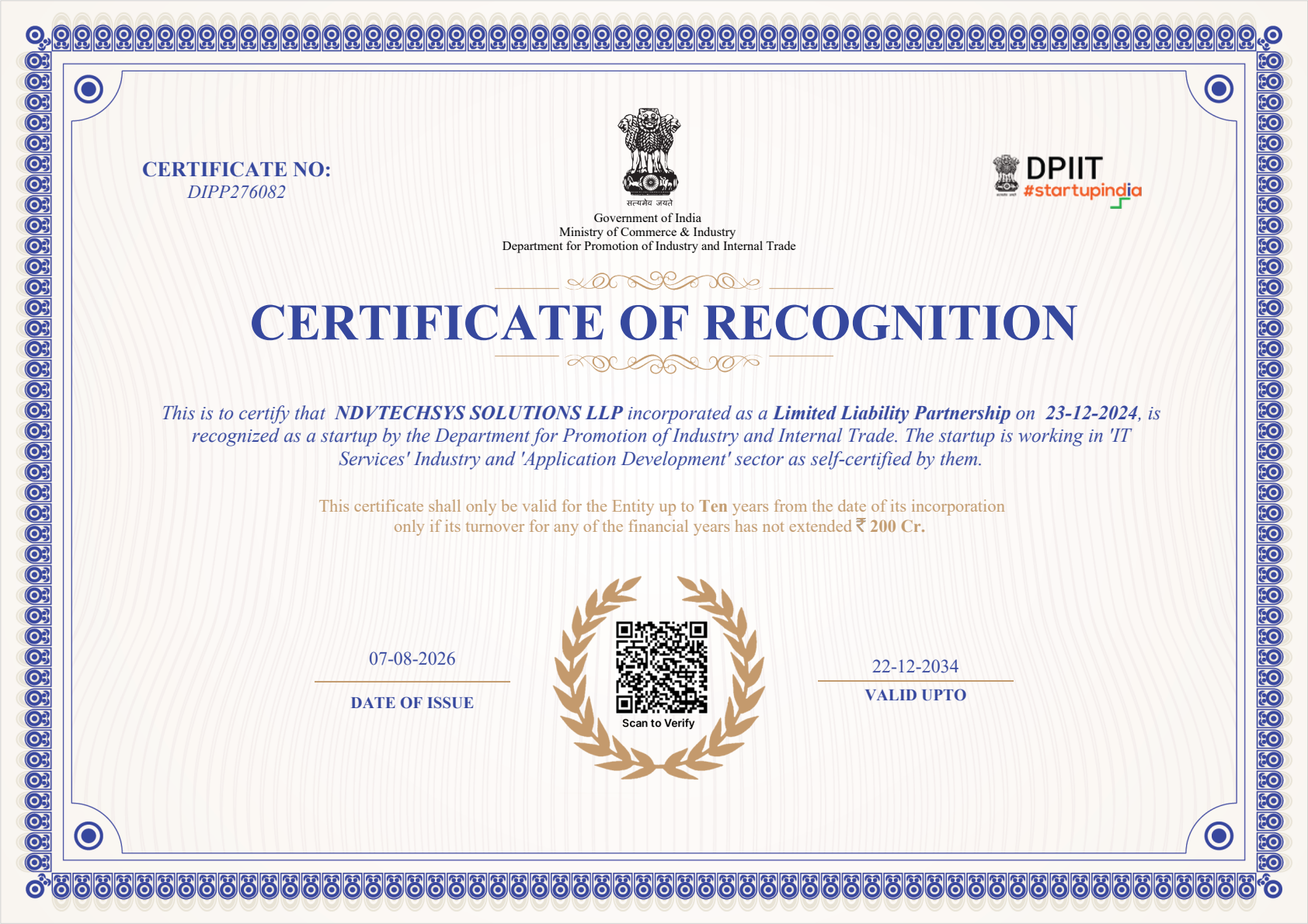 Government of India Startup India Certificate of Recognition issued to NDVTECHSYS SOLUTIONS LLP